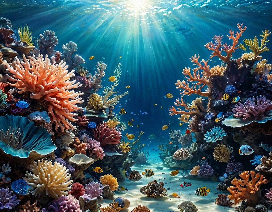 A serene underwater scene depicting a lush coral reef teeming with vibrant marine life, accentuated by soft rays of sunlight filtering through the water's surface. In the foreground, delicate shells and smooth pebbles form a tranquil oasis. The ambiance is intimate, evoking self-exploration and sensuality. Enhance the colors to be rich and inviting, capturing the essence of a peaceful sensual journey. super-realistic. vibrant colors. 3D.