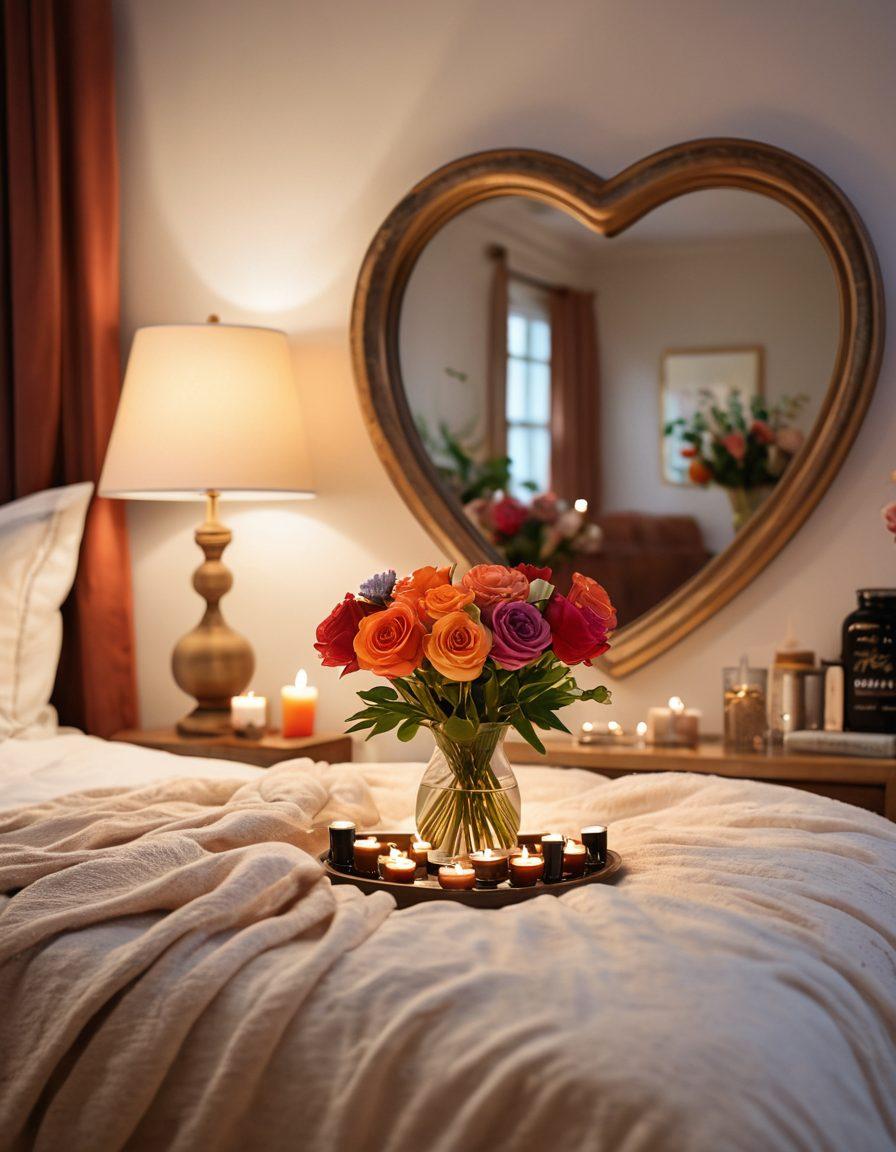 A cozy and inviting bedroom setting with soft, warm lighting, featuring a pair of hands gently holding aromatic essential oils and a vibrant bouquet of flowers nearby. In the background, a heart-shaped mirror reflects a couple playfully gazing at each other, hinting at flirtation. Add subtle elements like romantic candles and soft fabrics to enhance the atmosphere. super-realistic. warm colors. intimate setting.