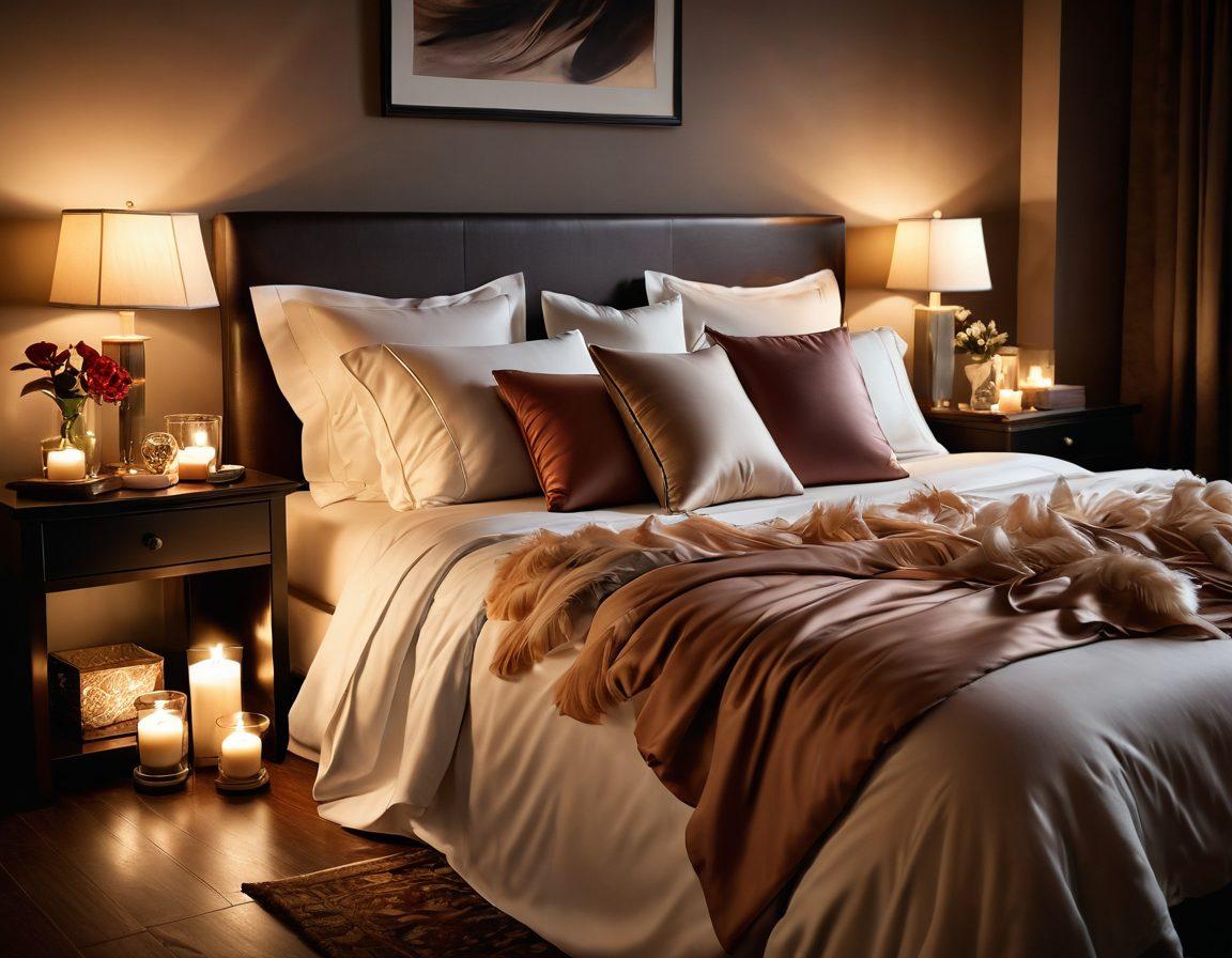 A sensual and inviting bedroom scene, featuring a plush bed adorned with silk sheets, softly lit by flickering candles. In the foreground, a delicate array of seductive props like feathers, silk ties, and aromatic oils surround an open guidebook on self-pleasure, enticing readers to explore. The overall ambiance should be intimate and cozy, evoking a sense of playful curiosity. soft-focus. warm tones. 3D.